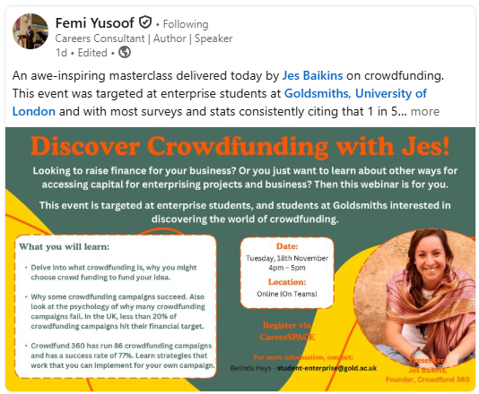 Empowering the Next Generation: Jes Baikins Delivers Crowdfunding Masterclass at Goldsmiths, University of London
